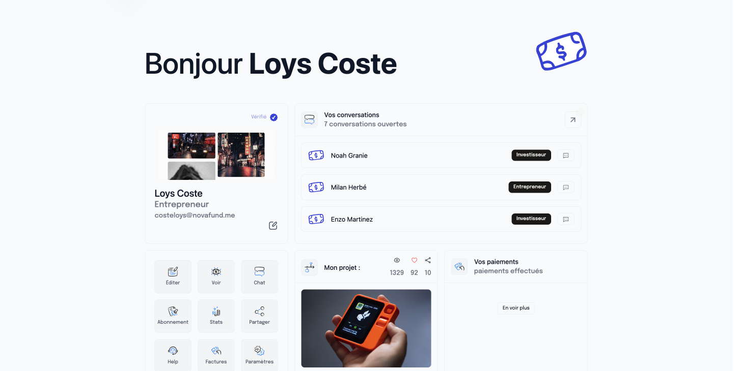 Dashboard entrepreneur NovaFund montrant les fonctionnalités de gestion de projet